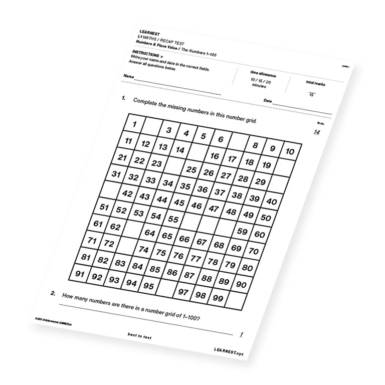 L1 Maths Recap Test Numbers & Place Value / The Numbers 1-100