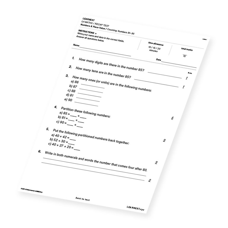 L1 Maths Recap Test Numbers & Place Value / Counting Numbers 81-90