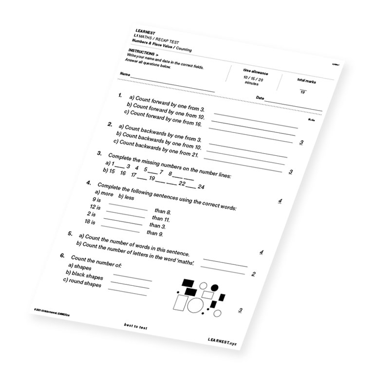 L1 Maths Recap Test Numbers & Place Value / Counting