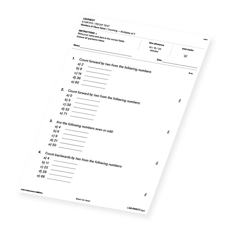 L1 Maths Recap Test Numbers & Place Value / Counting – Multiples of 2