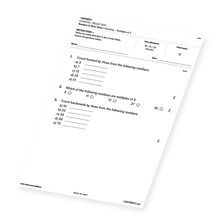 L1 Maths Recap Test Numbers & Place Value / Counting – Multiples of 3
