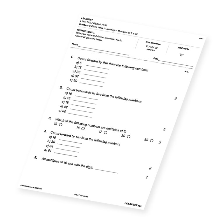L1 Maths Recap Test Numbers & Place Value / Counting – Multiples of 5 & 10