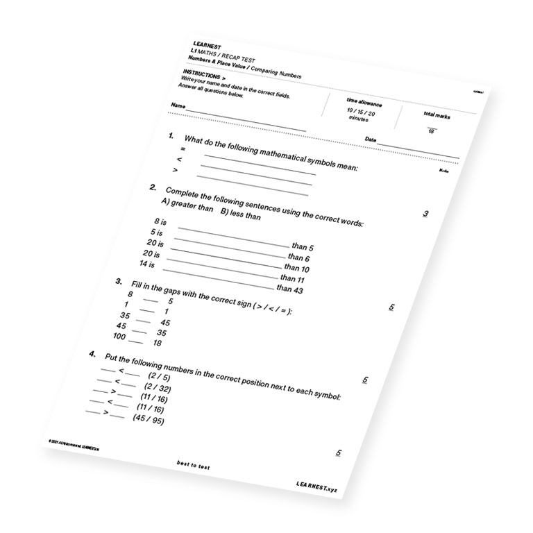 L1 Maths Recap Test Numbers & Place Value / Comparing Numbers