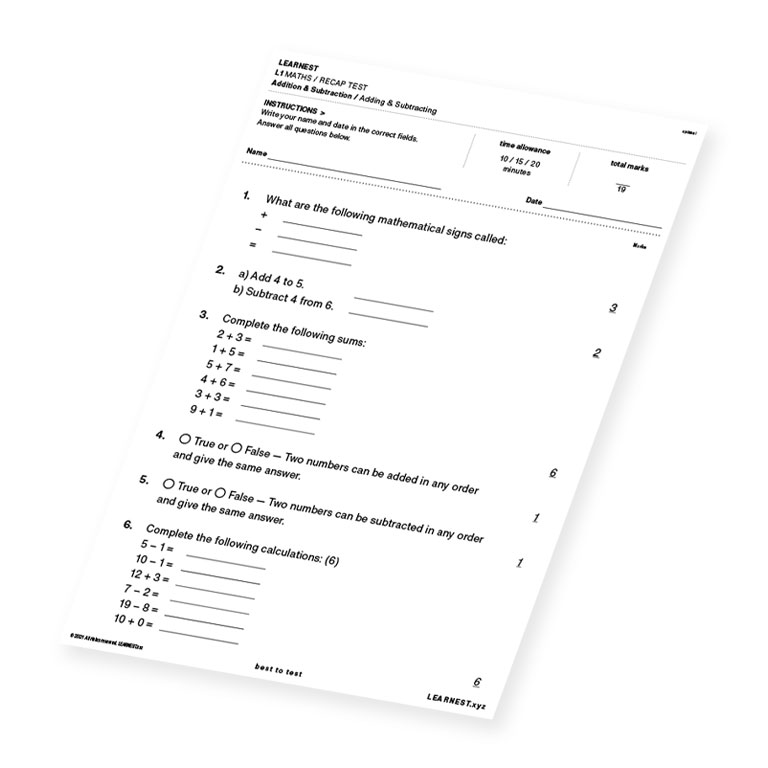 L1 Maths Recap Test Multiplication & Division / Adding & Subtracting