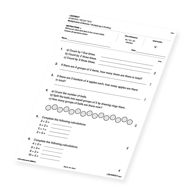 L1 Maths Recap Test Multiplication & Division / Multiplying & Dividing