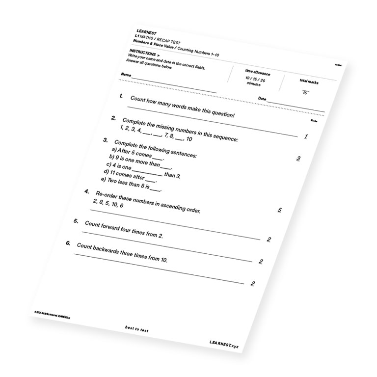L1 Maths Recap Test Numbers & Place Value / Counting Numbers 1-10