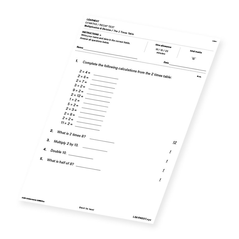 L1 Maths Recap Test Multiplication & Division / The 2 Times Table