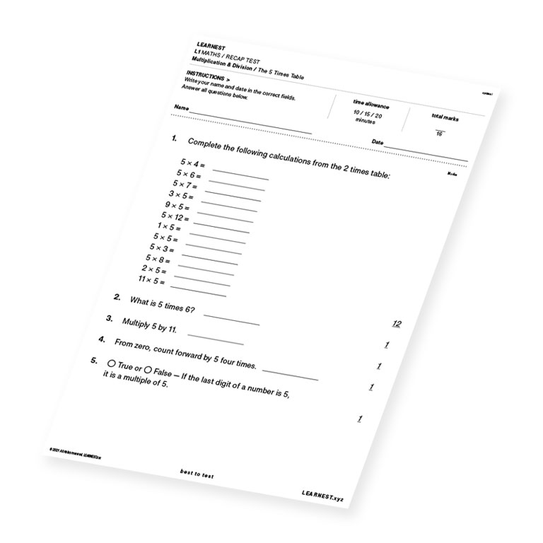 L1 Maths Recap Test Multiplication & Division / The 5 Times Table