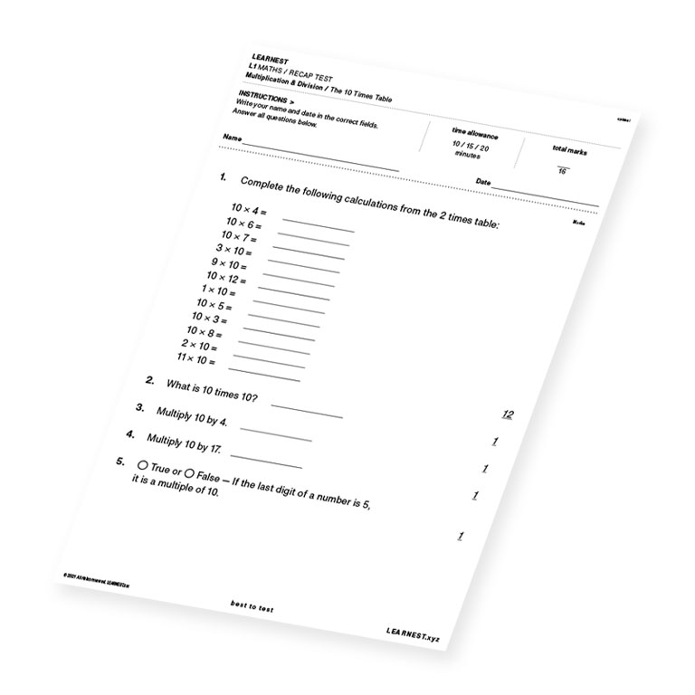 L1 Maths Recap Test Multiplication & Division / The 10 Times Table