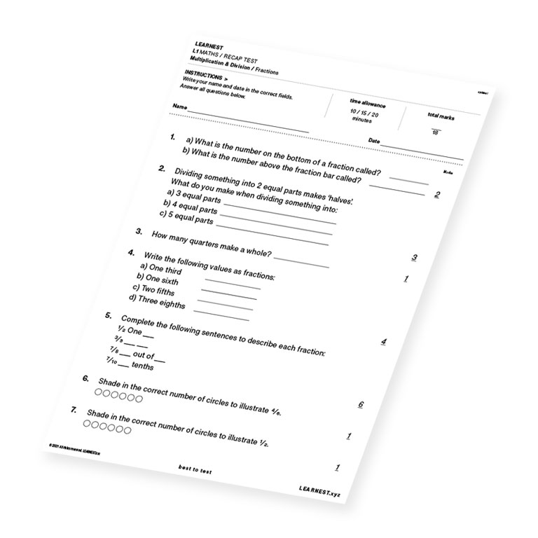 L1 Maths Recap Test Multiplication & Division / Fractions