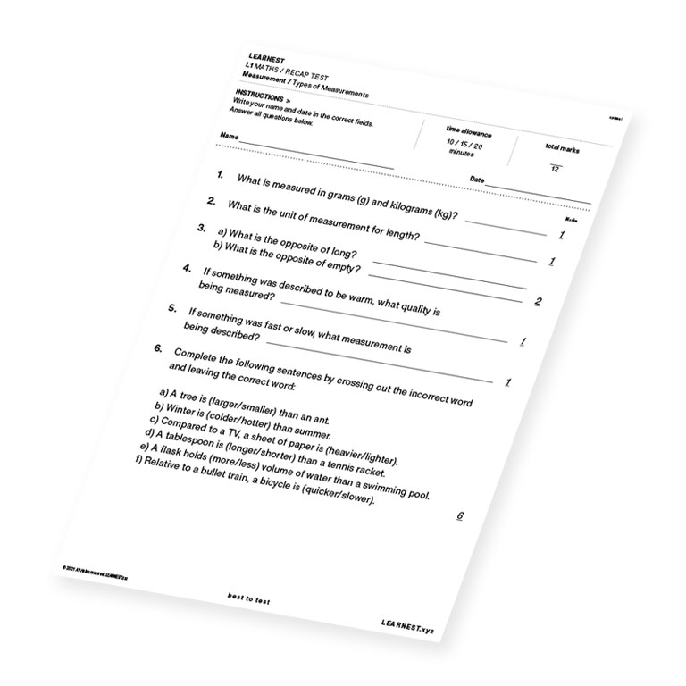 L1 Maths Recap Test Measurement / Types of Measurements