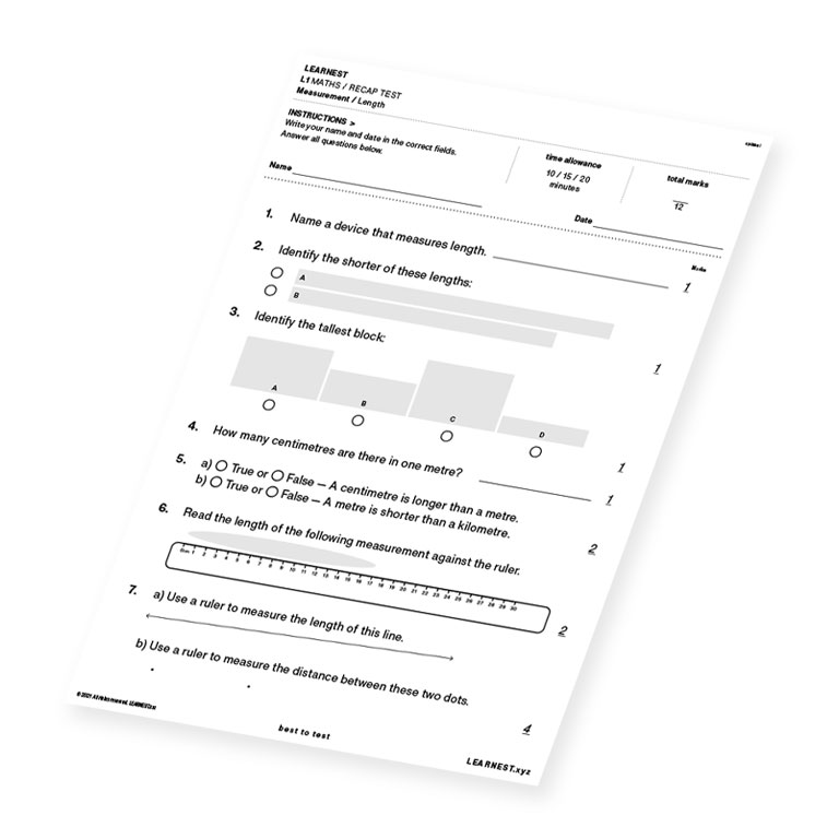 L1 Maths Recap Test Measurement / Length