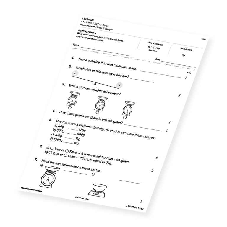 L1 Maths Recap Test Measurement / Mass & Weight