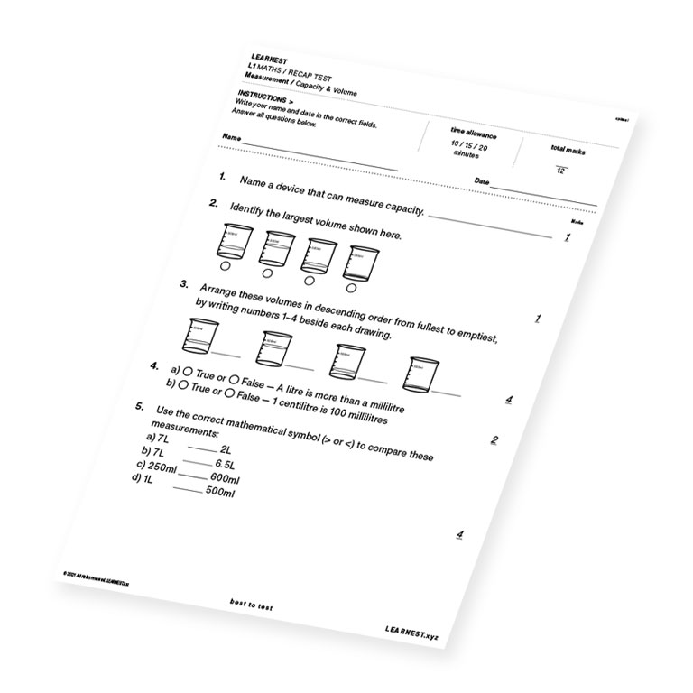 L1 Maths Recap Test Measurement / Capacity & Volume