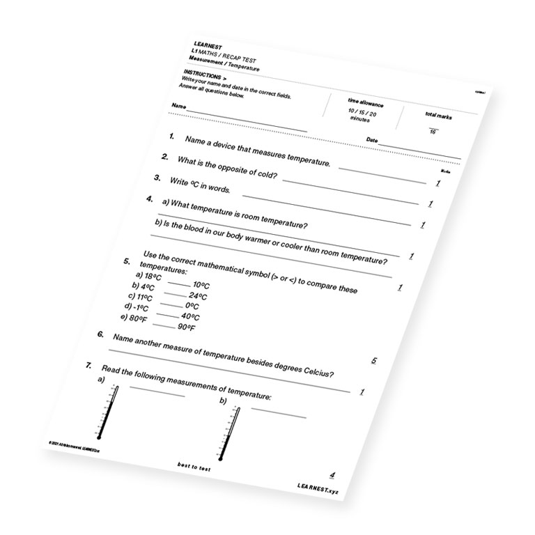 L1 Maths Recap Test Measurement / Temperature