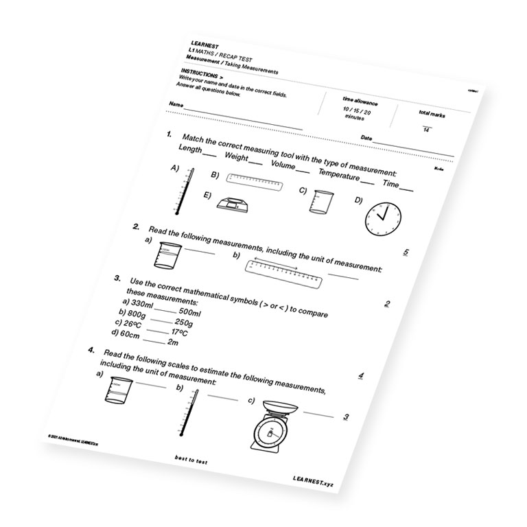 L1 Maths Recap Test Measurement / Taking Measurements