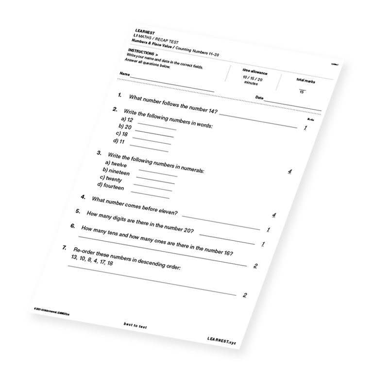 L1 Maths Recap Test Numbers & Place Value / Counting Numbers 11-20