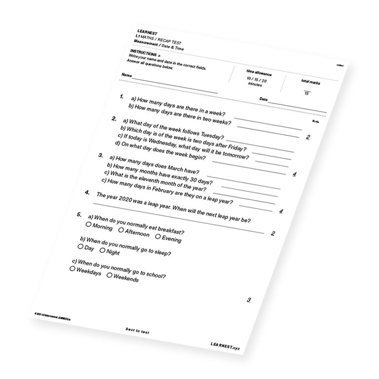 L1 Maths Recap Test Measurement / Date & Time