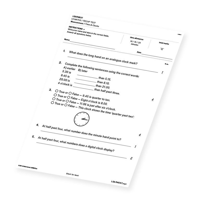 L1 Maths Recap Test Measurement / Time & Clocks