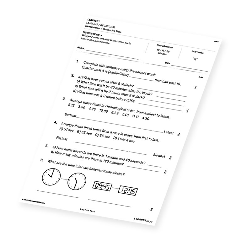 L1 Maths Recap Test Measurement / Comparing Time