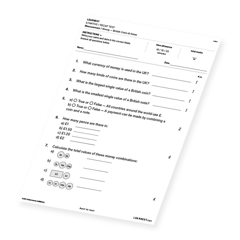 L1 Maths Recap Test Measurement / Money – British Coins & Notes