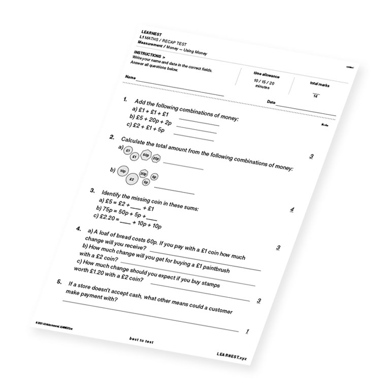L1 Maths Recap Test Measurement / Money – Using Money