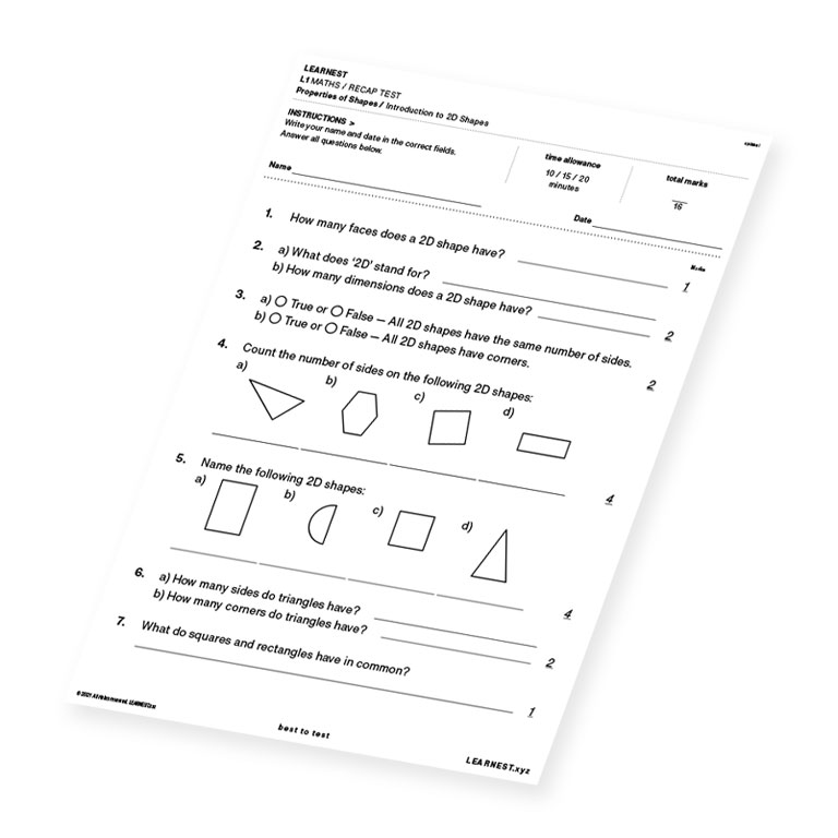 L1 Maths Recap Test Properties of Shapes / Introduction to 2D Shapes