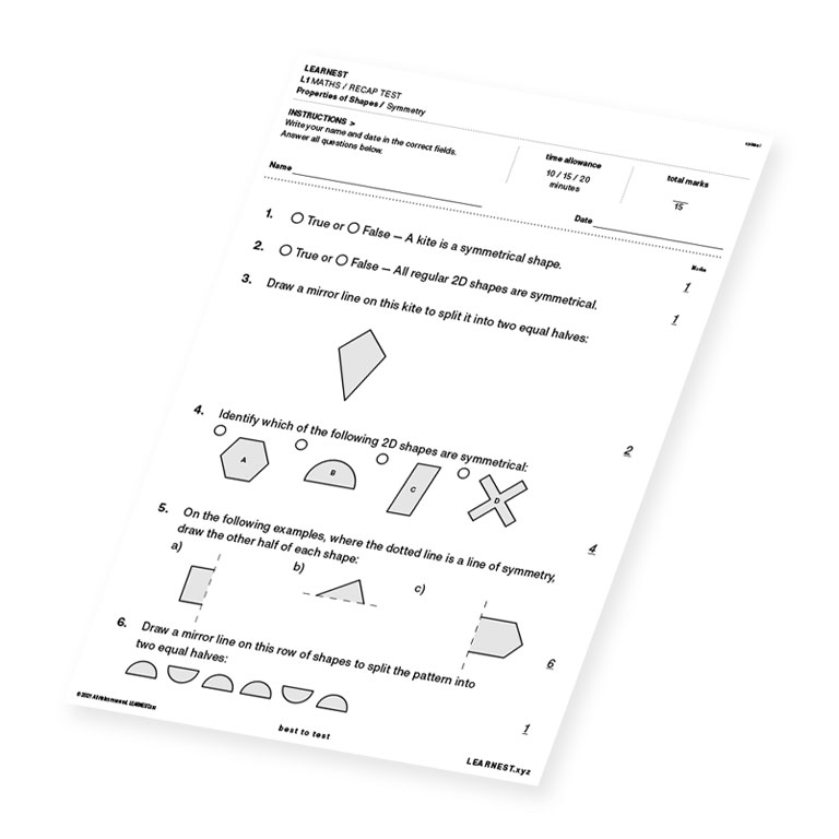 L1 Maths Recap Test Properties of Shapes / Symmetry