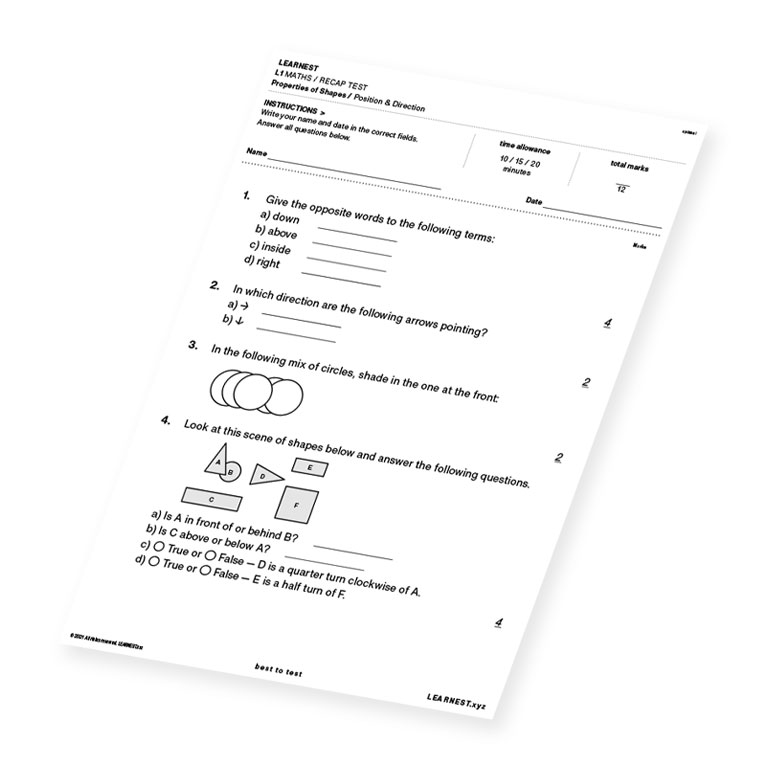 L1 Maths Recap Test Properties of Shapes / Position & Direction