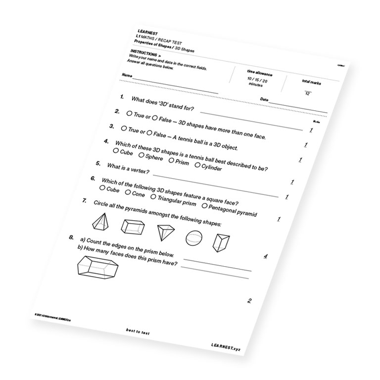 L1 Maths Recap Test Properties of Shapes / 3D Shapes