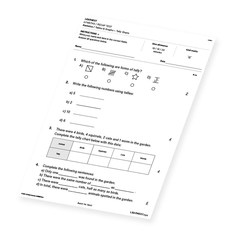 L1 Maths Recap Test Statistics / Tables & Graphs – Tally Charts