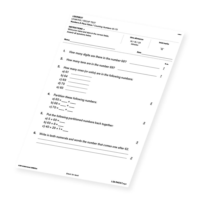 L1 Maths Recap Test Numbers & Place Value / Counting Numbers 61-70