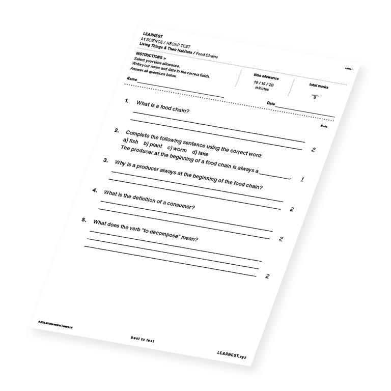 L1 Science Recap Test material for Food Chains