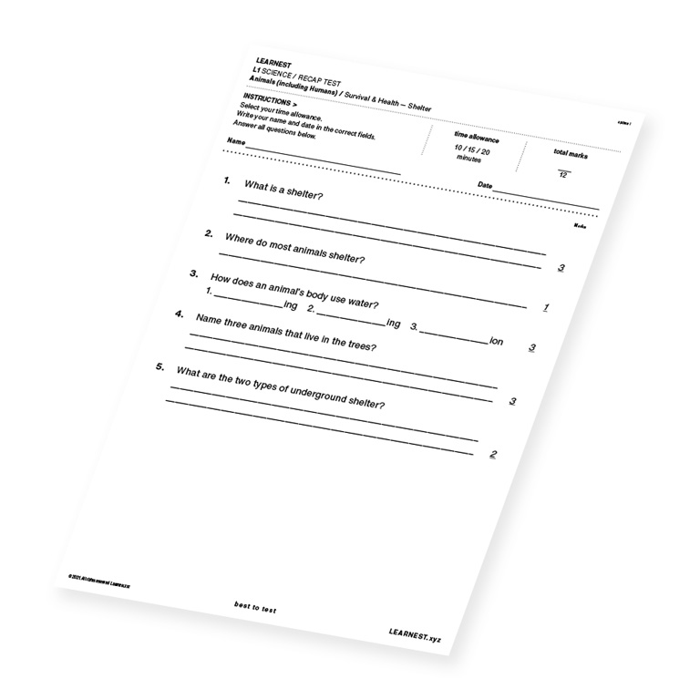 L1 Science Recap test material for Survival & Health – Shelter