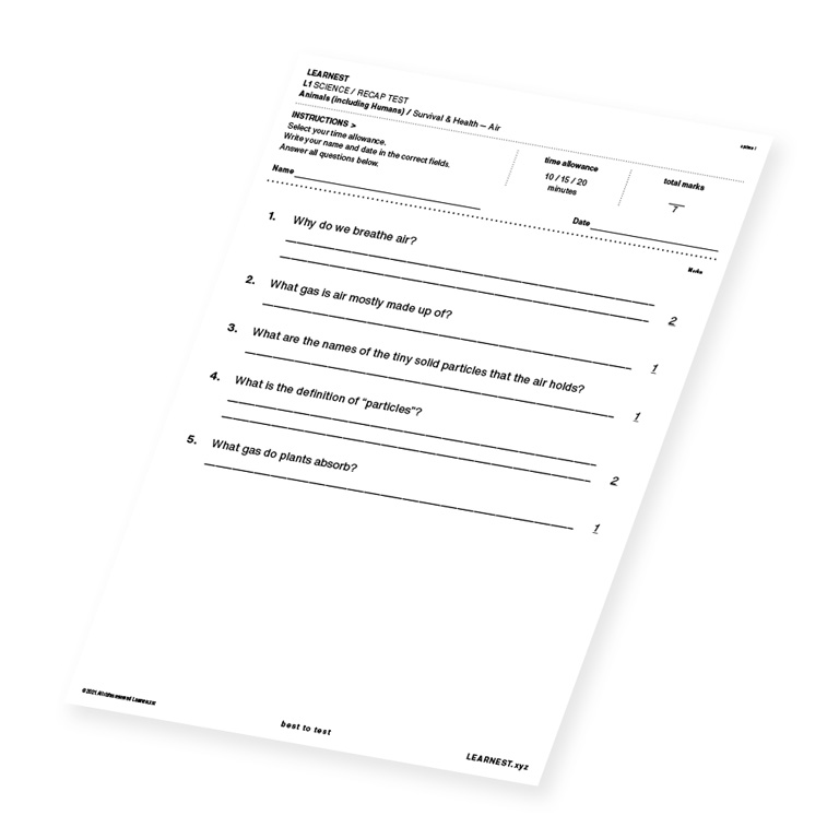 L1 Science Recap test material for Survival & Health – Air