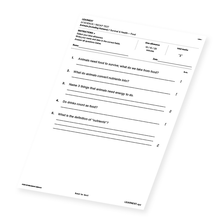 L1 Science Recap test material for Survival & Health – Food