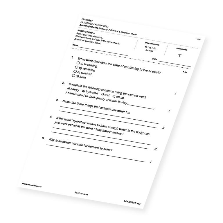 L1 Science Recap test material for Survival & Health – Water