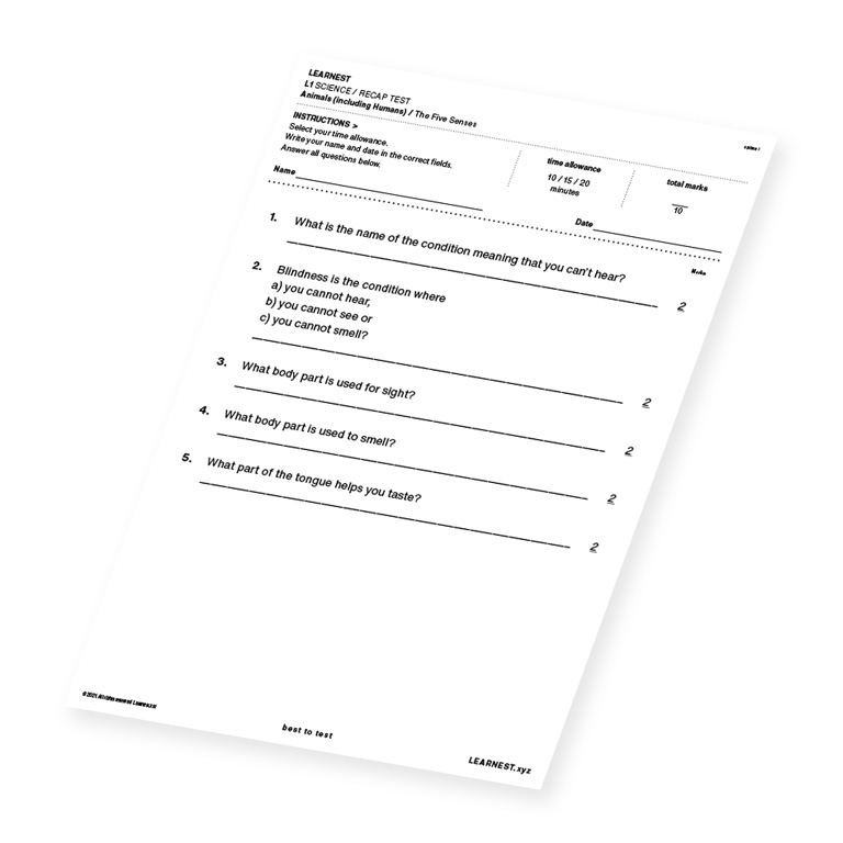 L1 Science Recap test material for The Human Body – The Five Senses