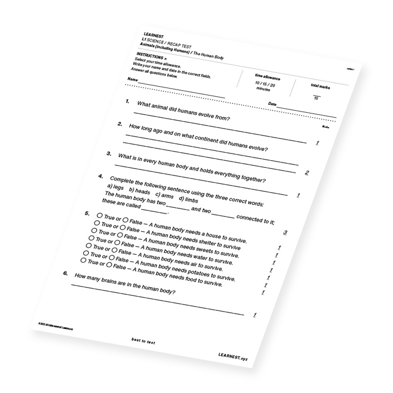 L1 Science Recap test material for The Human Body