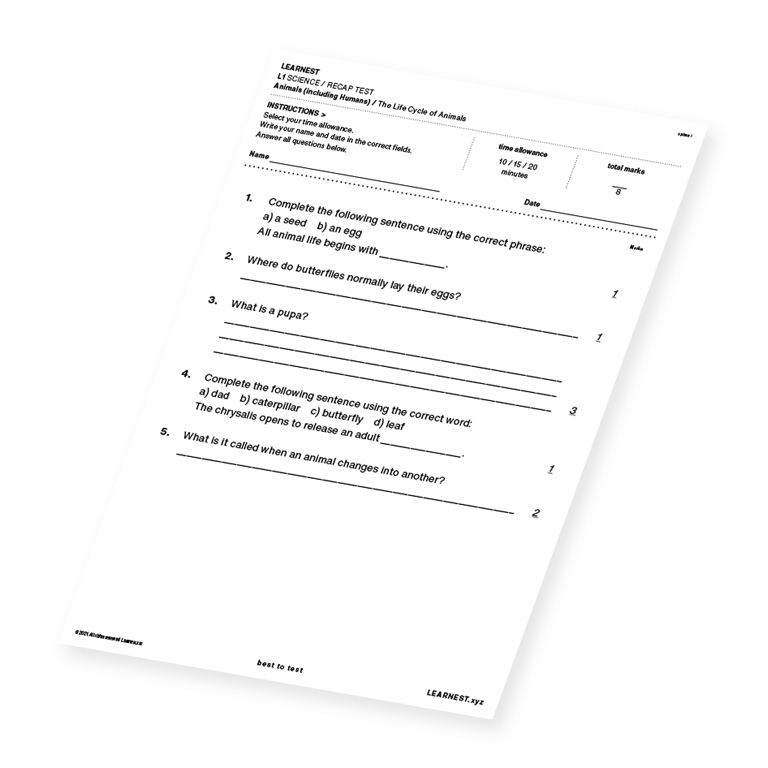 L1 Science Recap test material for The Life Cycles of Animals