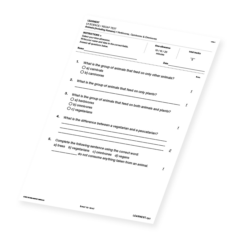 L1 Science Recap test material for Herbivores, Carnivores & Omnivores