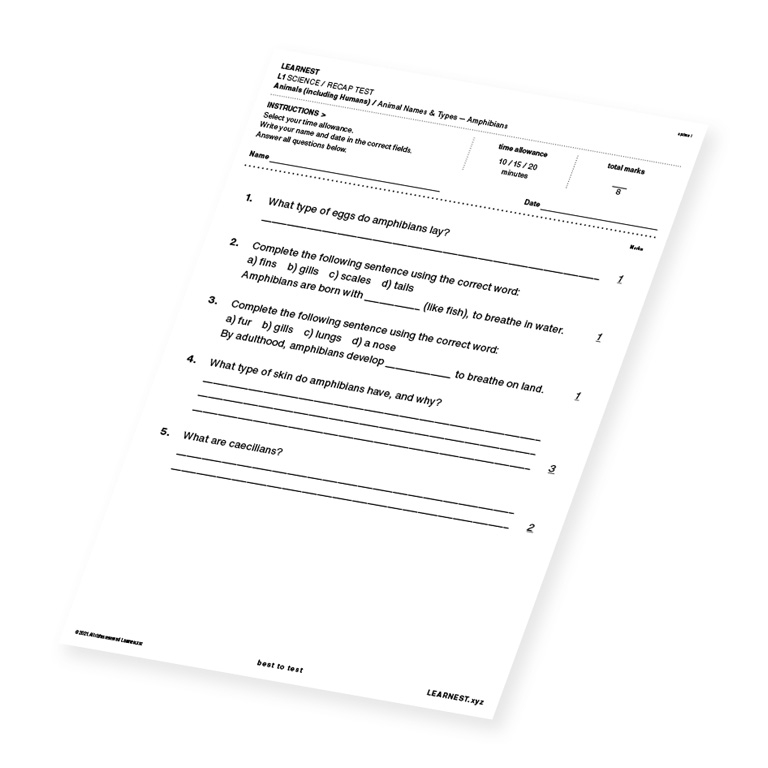 L1 Science Recap test material for Animal Names & Types – Amphibians