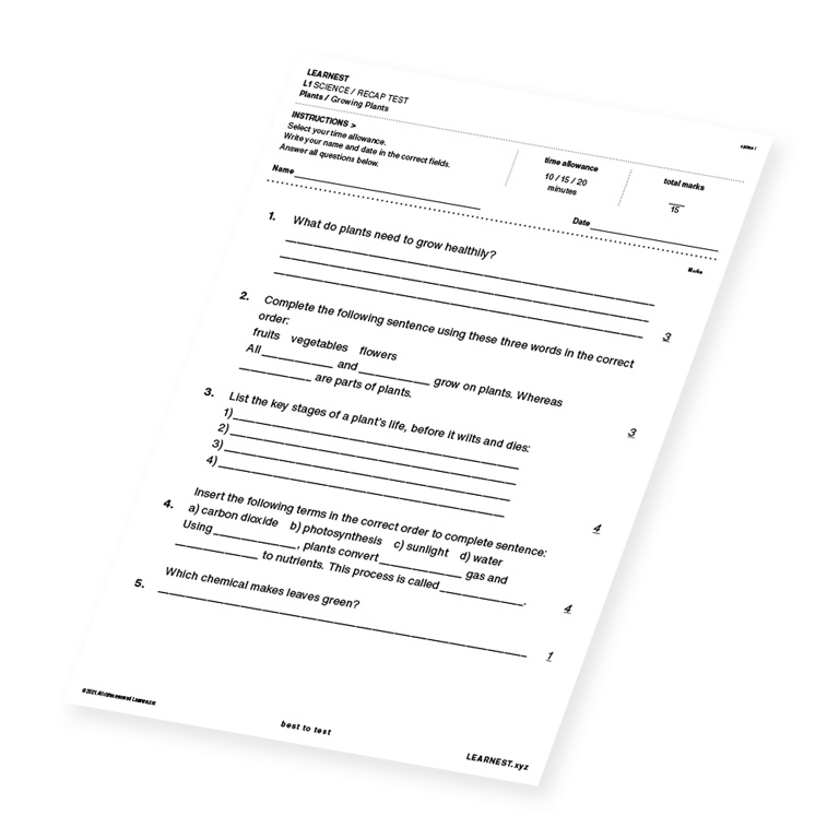 L1 Science Recap test material for Growing Plants