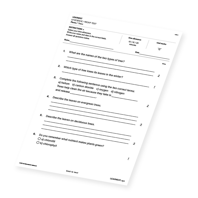 L1 Science Recap test material for Trees