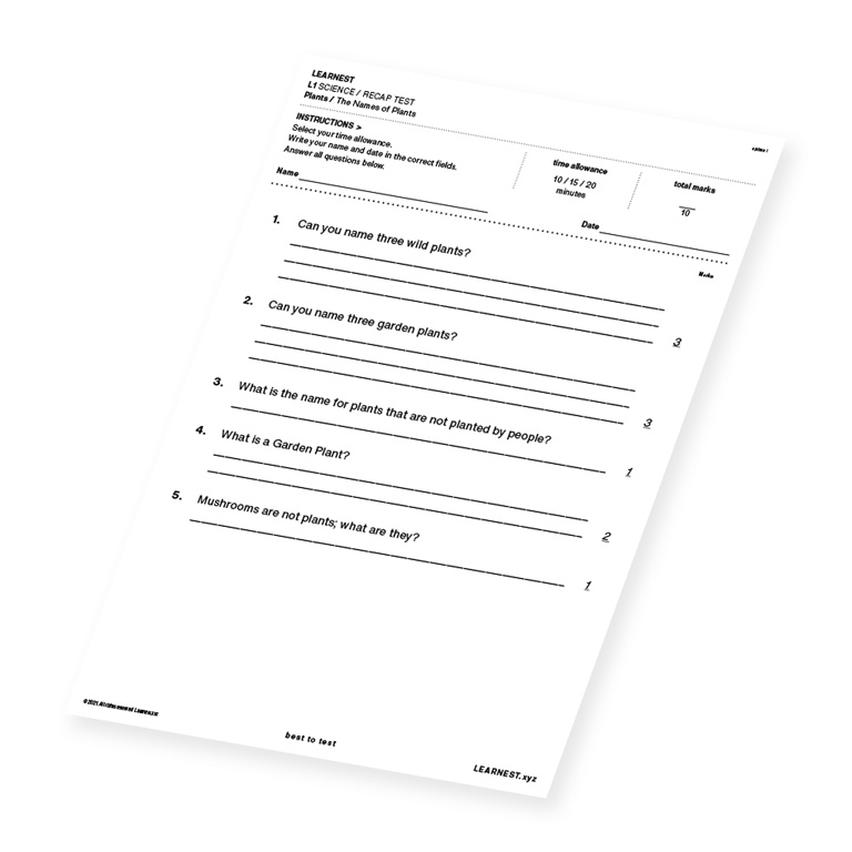 L1 Science Recap test material for The Names of Plants