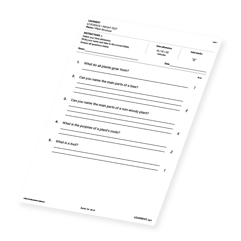 L1 Science Recap test material for Plant Structure