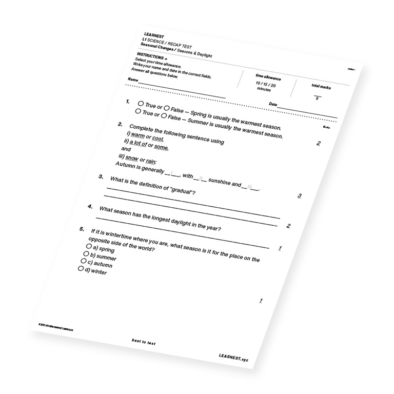 L1 Science Recap test material for Seasons & Daylight