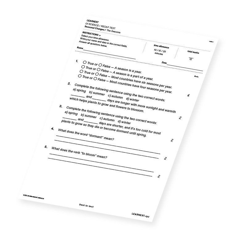 L1 Science Recap test material for The Seasons
