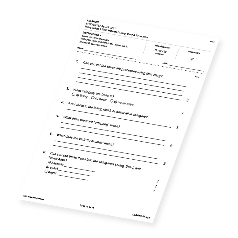 L1 Science Recap test material for Living, Dead & Never Alive