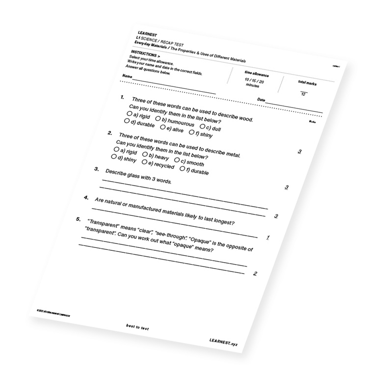 L1 Science Recap test material for The Properties & Uses of Different Materials